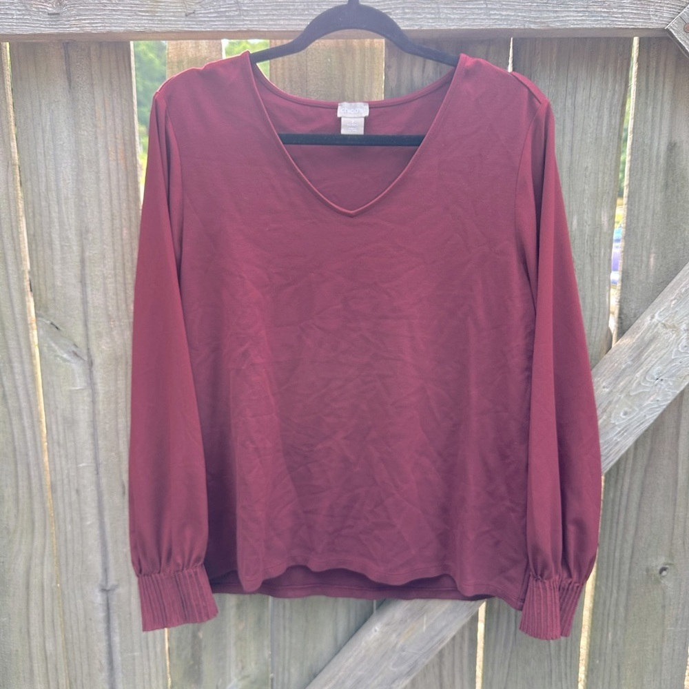 Chicos Maroon Red V Neck Long Sleeve Cuffed Stretchy Business Casual Blouse